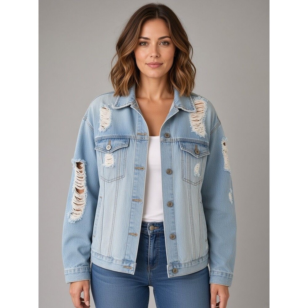 Forever 21 Light Wash Denim Jean Trucker Jacket Super Distressed, Small